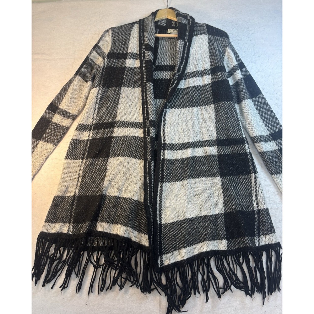 Ruff Hewn Open Front Plaid Cardigan M Shawl Collar Fringe Hem Blk/Wht Grunge
